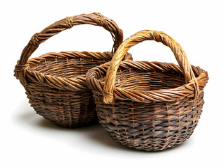 Obraz premium Photo Two Empty Rustic Wicker Baskets Isolated on White Background