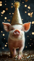 cute little piglet wearing a gold glittery party hat celebrating New Year's Eve in the style of glitter and confetti