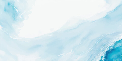 A serene blend of soft blue and white watercolor waves, with dynamic tsunami layers and a bold tropical splash, all in a flat cartoon style.