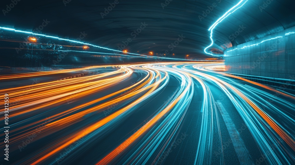 Poster motion neon trail, abstract glowing line motion from vehicles, digital technology with long duration