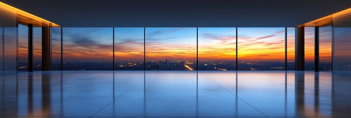 Fototapeta premium Stunning sunset view from a modern, high-rise building. The expansive windows offer a breathtaking panorama of the cityscape bathed in warm, golden hues.