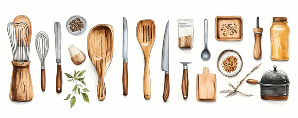 Watercolor Illustration Kitchen Utensils Spices and Herbs