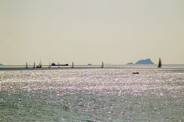 Panoramic view of island and racing sailboats on the sea 