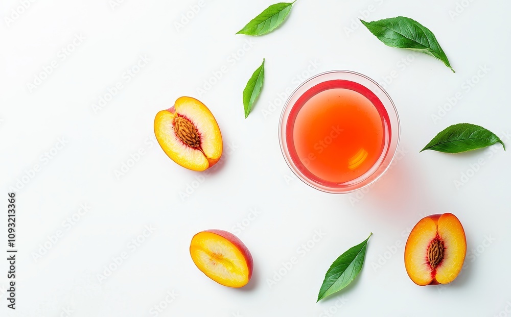 Poster a top view of peach fruit smoothie juice with leaves and pieces of peach isolated on a white backgro