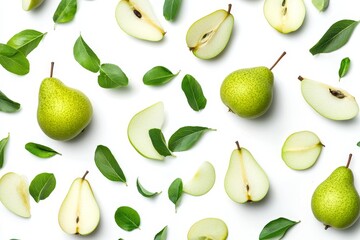 Obraz premium Summer fruit, fresh and ripe pears with leaves on the background, pears with half slices in hand.