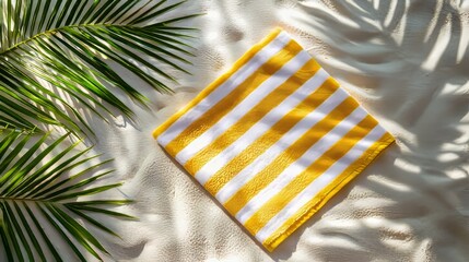 Tropical sandy beach with palm leaves and yellow striped beach towel