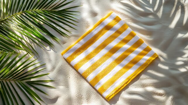 Tropical sandy beach with palm leaves and yellow striped beach towel
