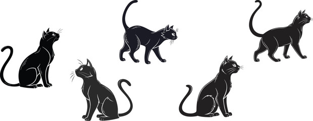 Funny black cats. Isolated crazy cat in different poses. Cute kitty angry hunting hiding sleeping and washing. Children stickers racy vector clipart