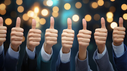 Close-up of multiple hands giving thumbs-up gestures in suits against a blurred bokeh light background, symbolizing success and teamwork.