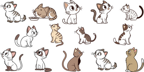 Cute funny cats in different comic fun poses. Adorable feline animals, clumsy amusing kitties sleeping, lying, playing in hilarious positions. Flat vector illustration isolated on white background
