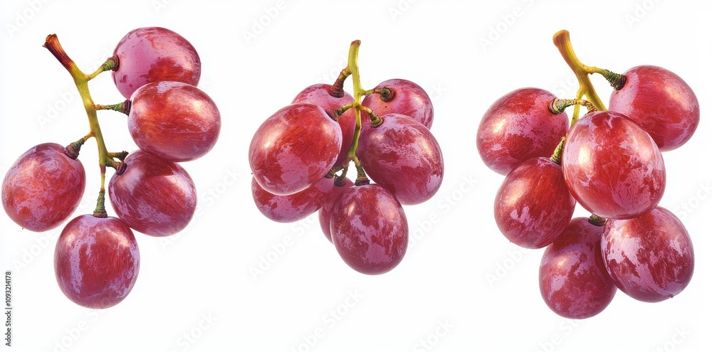 Poster clusters of various grapes isolated on a white background, different types of pale green grapes, jui