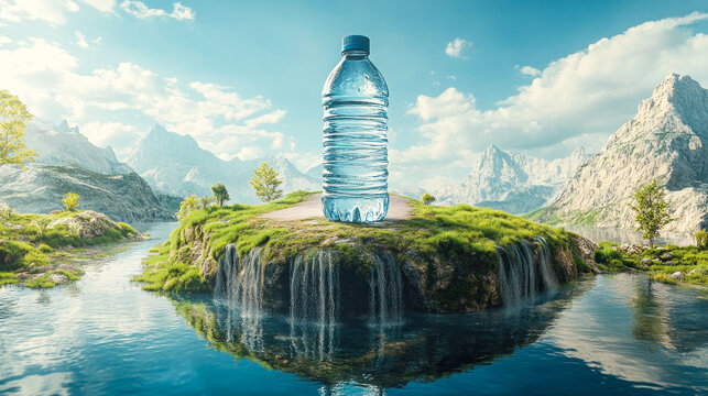 Breathtaking floating island with prominent water bottle.