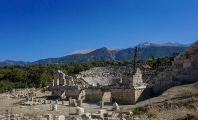 Panorama of the Roman amphitheater of the ancient city of Tlos, Turkey.