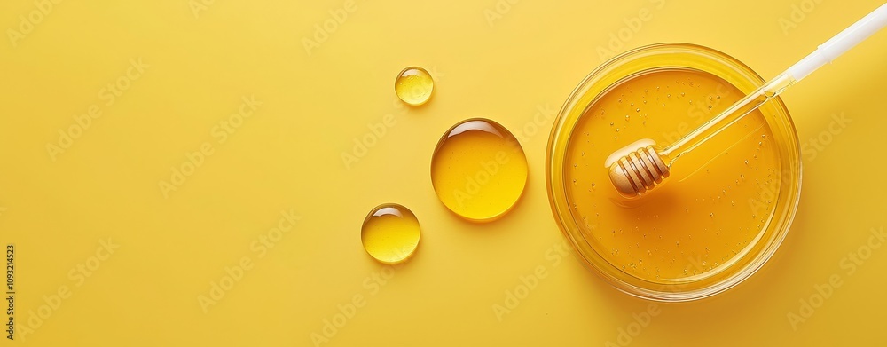 Aufkleber An empty petri dish with a pipette holding liquid on a light yellow biotechnology background with a copy space for text is placed on top of the dish.