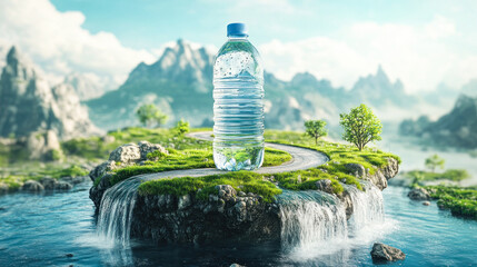 Idyllic scene of a water bottle on a green island