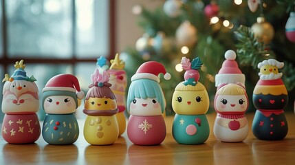 Obraz premium Adorable Christmas Figurines Adorn Festive Tabletop Display