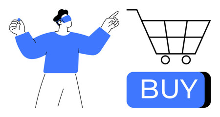 Person with VR headset pointing towards a shopping cart and buy button. Ideal for e-commerce, technology, digital marketing, retail, online shopping, user experience, future trends. Line metaphor