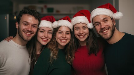 Group of friends wearing Santa hats and posing for photos at a Christmas party, fun and casual, Modern, Photography