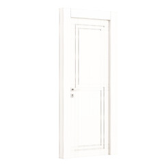 A white door with a window and a door knob