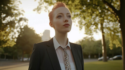 A poised young professional in a suit and patterned tie gazes upward in a serene park during golden sunrise light.