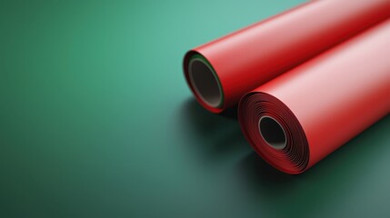 Red and green wrapping paper rolls, ready for holiday gift wrapping, 3D illustrationcloses up
