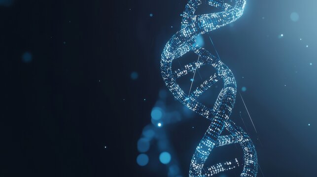 Symbolizing biotechnology is a digital rendering of a DNA helix with binary code overlay