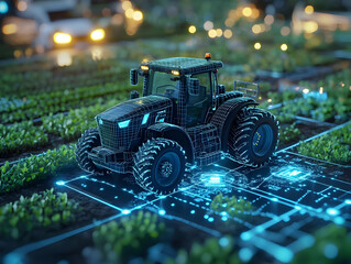 3D Illustration Smart Farming Autonomous Tractor Technology