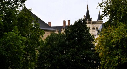 Behind trees, in Nantes France, in the background through the leaves parts of the castle Chateau...