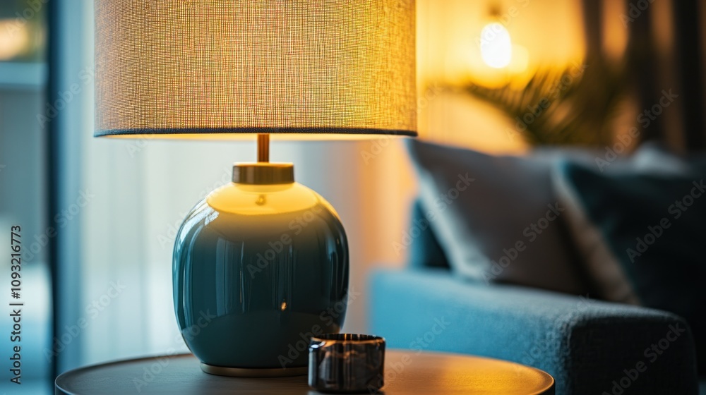 Poster teal table lamp with a woven shade on a side table