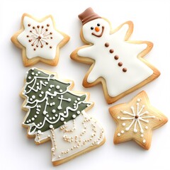 Christmas Cookies Shaped Like Stars, Trees, and Snowmen on White background