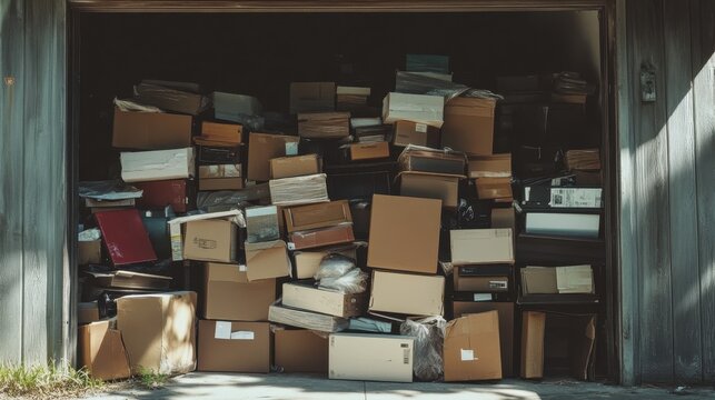 Overflowing Storage Garage Full of Stacked Cardboard Boxes Indicating Unorganized Clutter and Household Items Awaiting Sorting and Removal