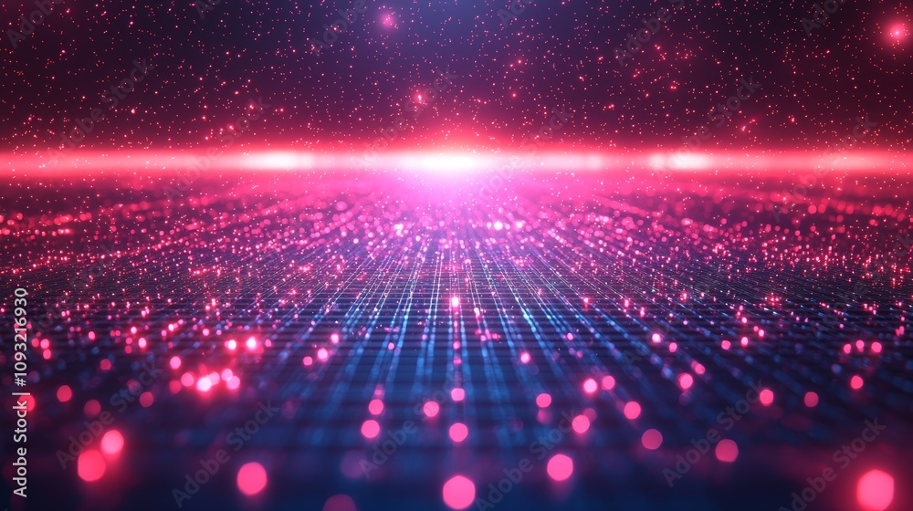 Poster in this futuristic digital landscape, glowing particles and dynamic light beams demonstrate futurist