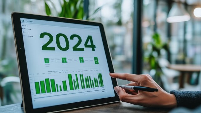 A person reviewing 2024 annual report on a tablet, featuring green graphs and statistics in a modern workspace with plants.