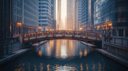 Fototapeta premium A pedestrian bridge with intricate railings, spanning a canal surrounded by skyscrapers 