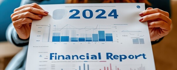 A person holds a financial report for 2024, featuring bar graphs and data visualizations on a printed page.