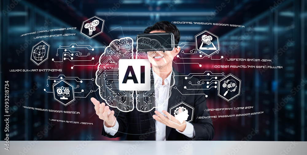 Poster business man with goggles working while using ai technology. project manager with formal suit checki