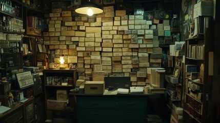 Obraz premium Vintage Storage Room Filled with Wooden Boxes, Old Books, and Timeless Treasures in a Cozy Workspace Setting Illuminated by a Warm Light