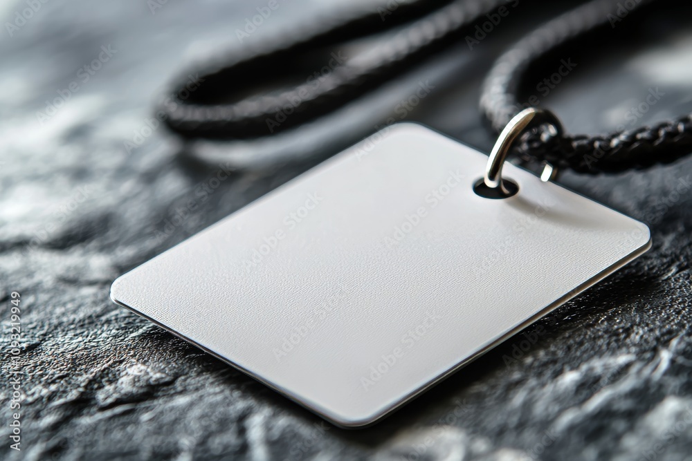 Poster Printed empty layout on grey background. Threaded common label name tag hanging from neck.