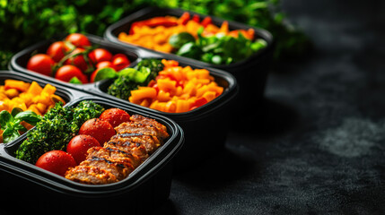 Happy Diet Wellness Awareness Concept. A vibrant display of healthy meal prep, featuring colorful veggies and proteins in neatly arranged containers on a dark background.