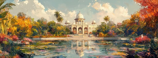 Obraz premium A royal Mughal garden, opulent and grand with majestic pavilions
