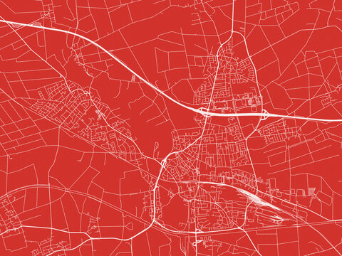 Christmas Map of Peine, Germany in Snowy White on Festive Red Background.