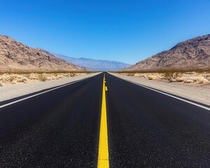 Naklejka premium Long stretch of desert highway with faded lane markings and a solitary car in the distance, desert highway, remote infrastructure