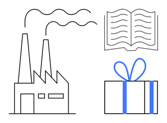 Factory emitting smoke alongside an open book and a gift box with a blue ribbon. Ideal for industry, education, celebration, business, learning, inspiration, and strategy concepts. Line metaphor