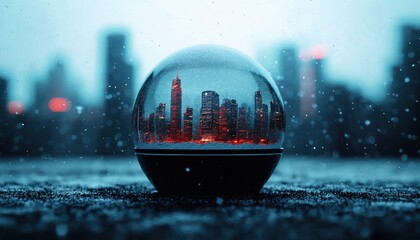 Holographic snow globe with a futuristic cityscape inside, glowing digital elements, soft blue light, floating in a dark room, Futuristic, 3D rendercloses up