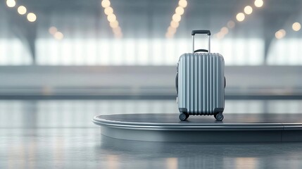 A modern suitcase on a baggage claim carousel in an airport setting.