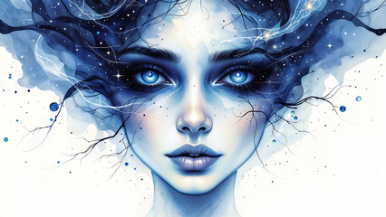 Surreal portrait of a woman with glowing blue eyes and ethereal hair against a dreamlike background