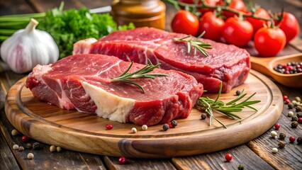 Fototapeta premium raw beef steak, fresh bbq beef steak cuts with spices and vegetables