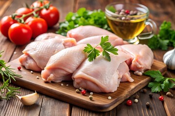 Raw chicken legs by fresh vegetables and spices on a wooden board for meal prep close-up