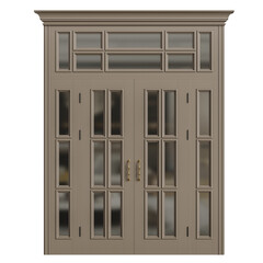 A large, brown door with a glass window in the middle