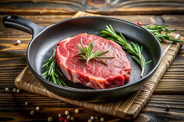 Raw ribeye steak meat with fresh herbs and spices in a frying pan close-up